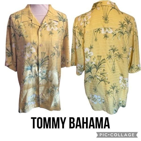 Tommy Bahama Men’s Medium Silk Hawaiian Shirt Yellow Palm Floral Island Aloha Ca