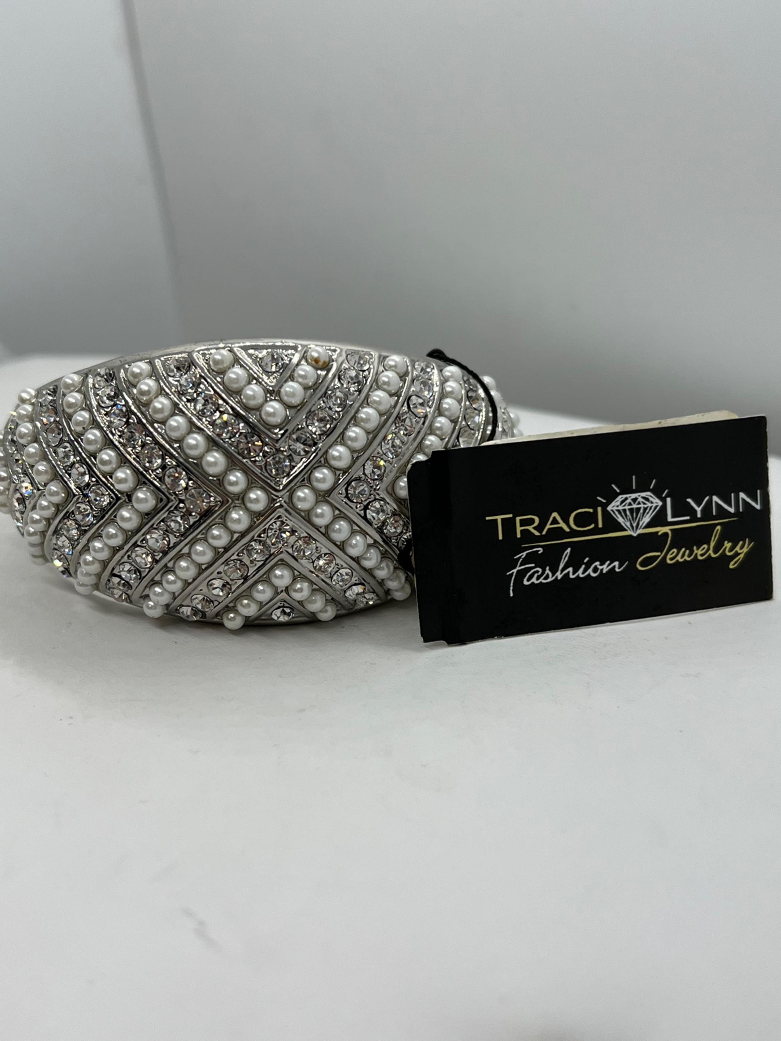 NWT Traci Lynn Heavenly Pearl Cuff Bracelet Crystal Rhinestones