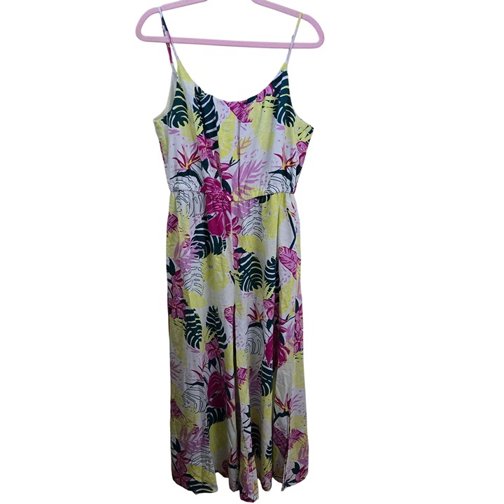 Nicole Miller Tropical Palm Leaf Linen Blend Wide Leg Jumpsuit Pockets Size L