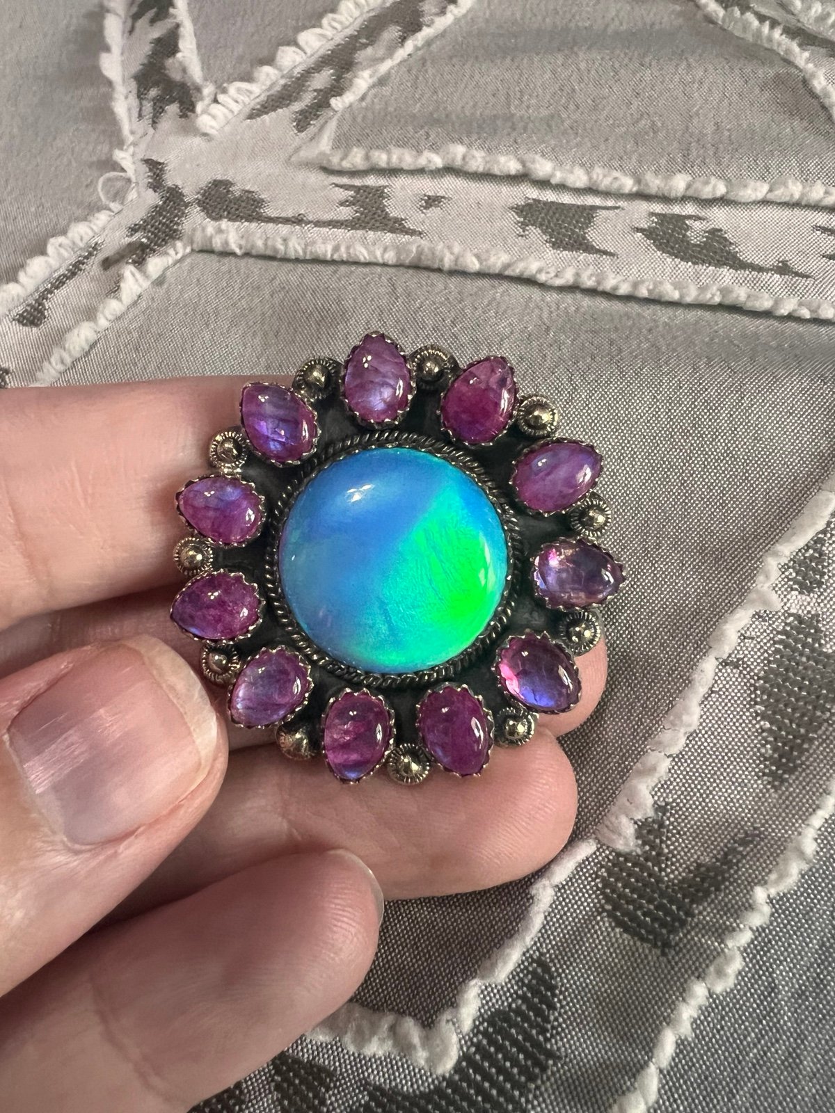 Gorgeous Sterling silver galaxy opal and pink moonstone cluster ring