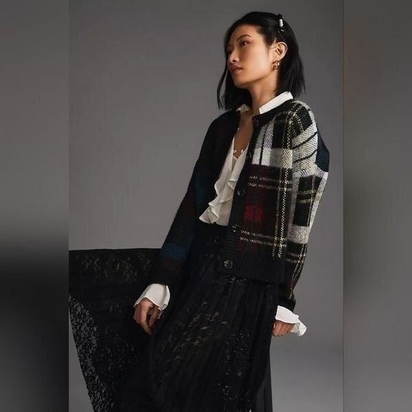 Anthropologie RD Style Multicolor Plaid Cardigan Sweater Size Medium NWT