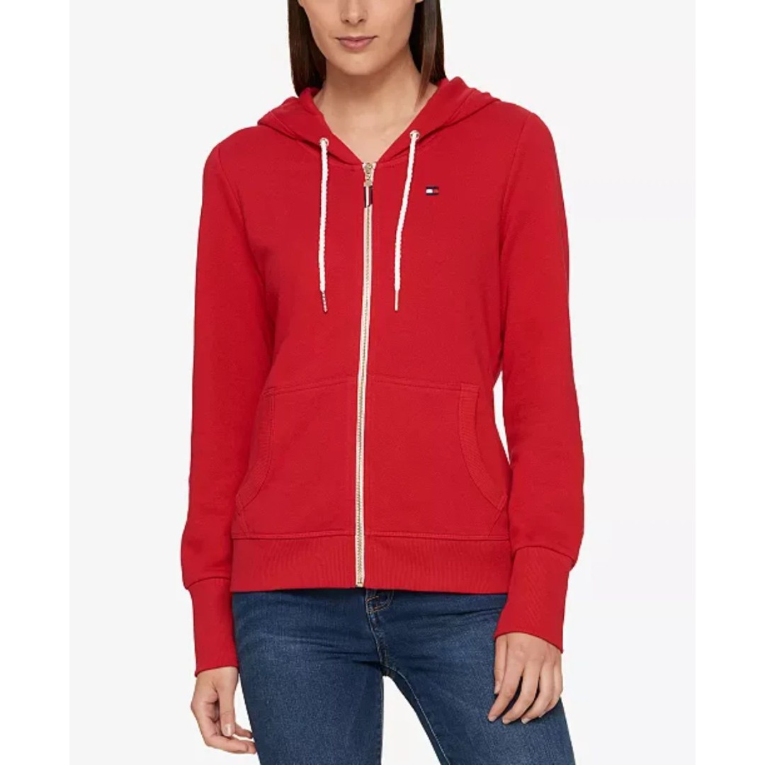 Tommy Hilfiger Womens Hoodie Red Size Medium Zip Up Pullover French Terry Preppy