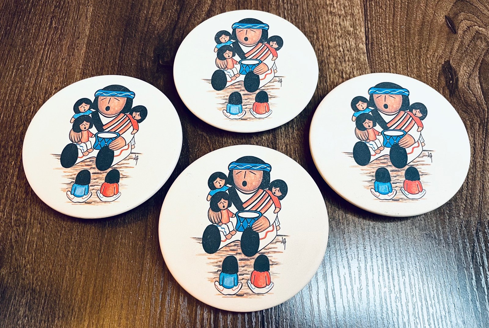 Beautiful Handmade Vintage Native American Pueblo Signed Story Teller Coasters 4