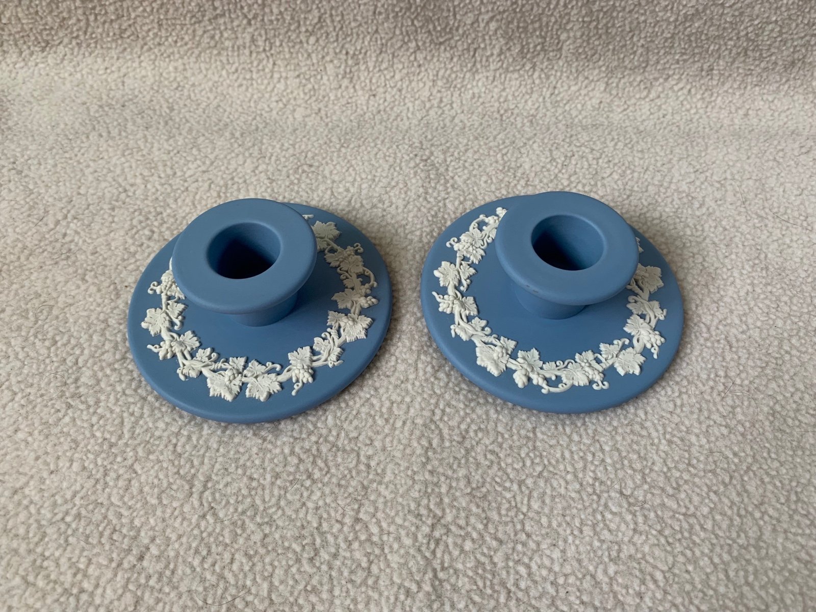 Pair of Wedgwood Jasperware Cream on Lavender Grapevine Banquet Candlesticks