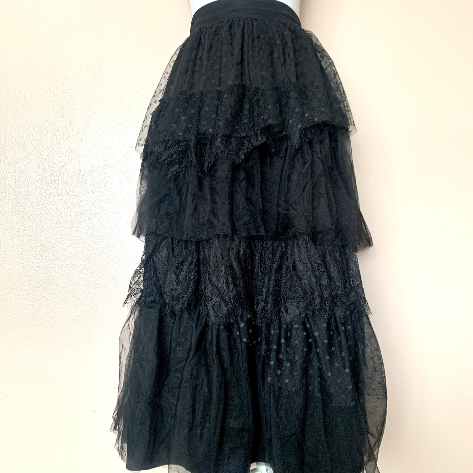 Arula Black Polkadot Tulle Tiered Mesh Skirt