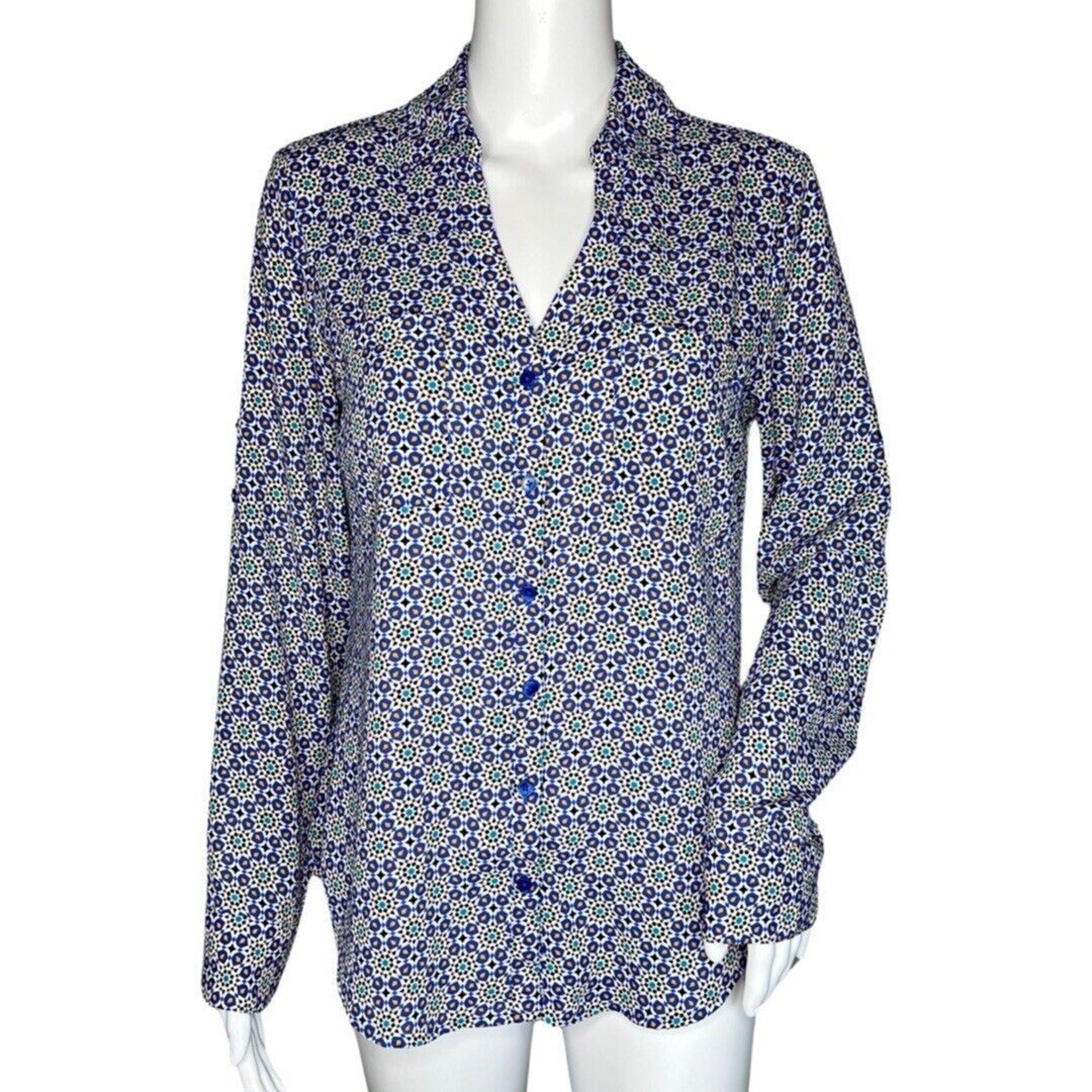 Express Shirt Womens Small Blue Multi Geometric Portofino Chiffon Casual Career