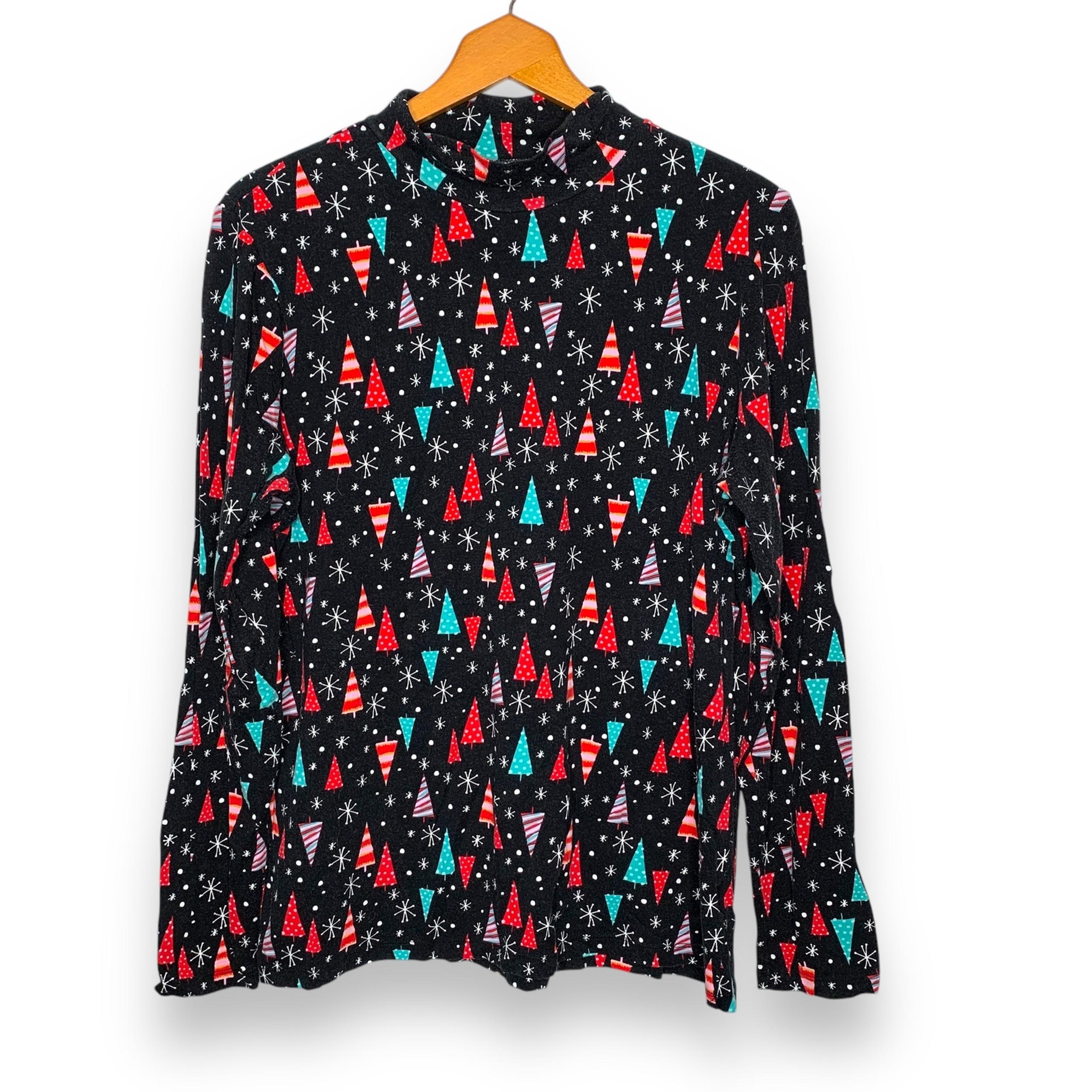 Time and Tru women's plus size black Christmas tree print turtleneck top SZ XL