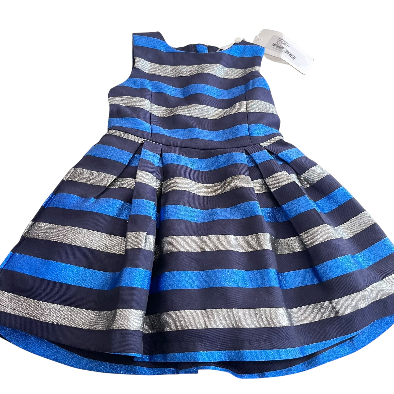 FunFun Girls Holiday Dressy Dress Navy Blue Silver Satiny Stripe 6 NWT