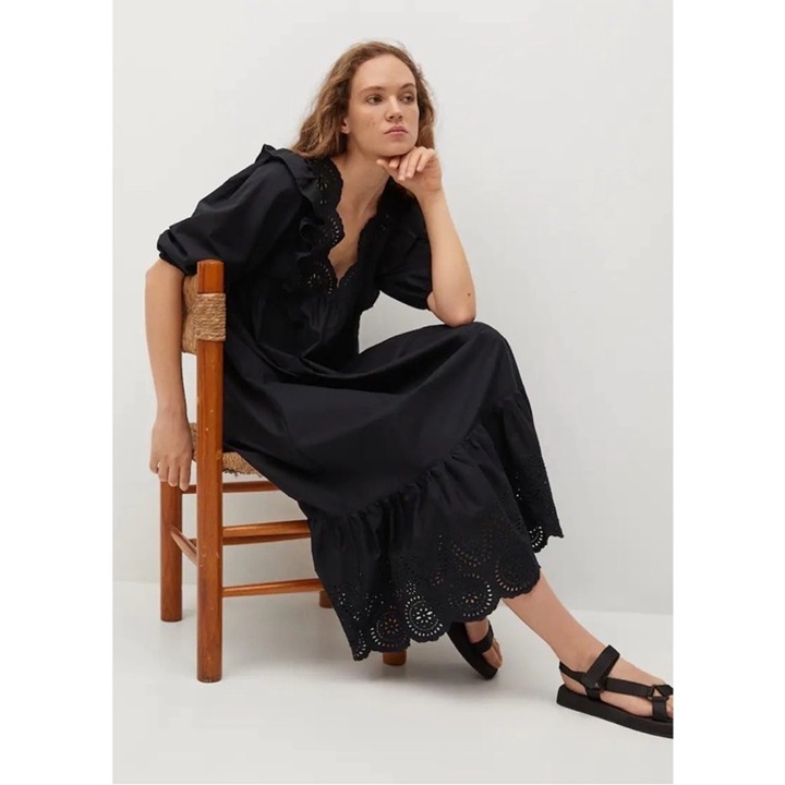 Mango MNG (NWT) | Black Swiss Embroidery Poplin Eyelet Ruffle Midi Dress