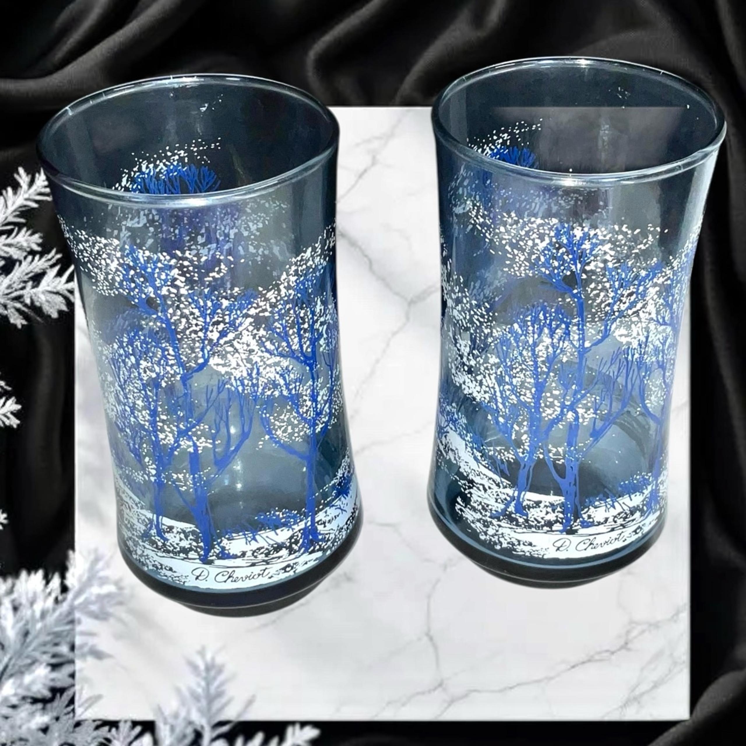 2 Libbey Blue & White Winter Scene 12 oz. Water Glasses by D. Cheviot 5.25” Tall