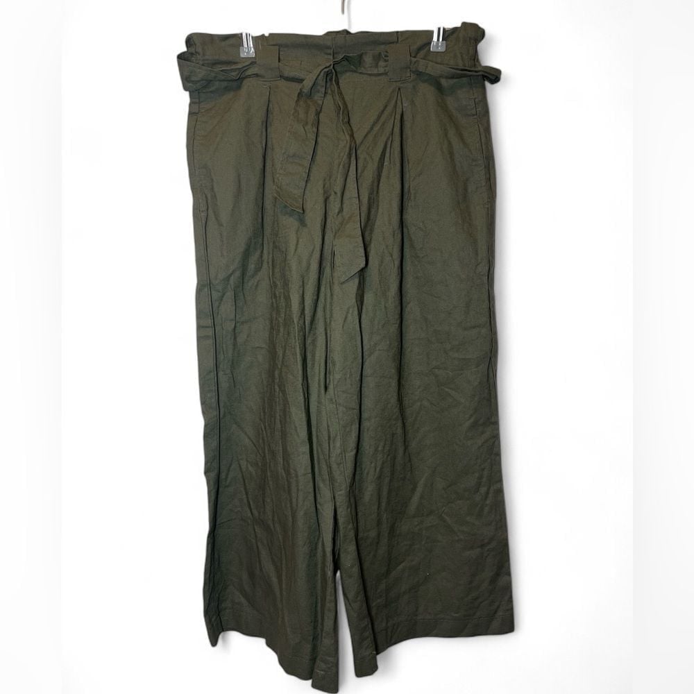 Max Studio Women L Olive Green Wide Leg Crop Culotte Linen Blend Capri Pants