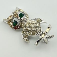 Vintage Pell Signed Owl Brooch Clear Rhinestones Green Emerald Eyes Silver Tone