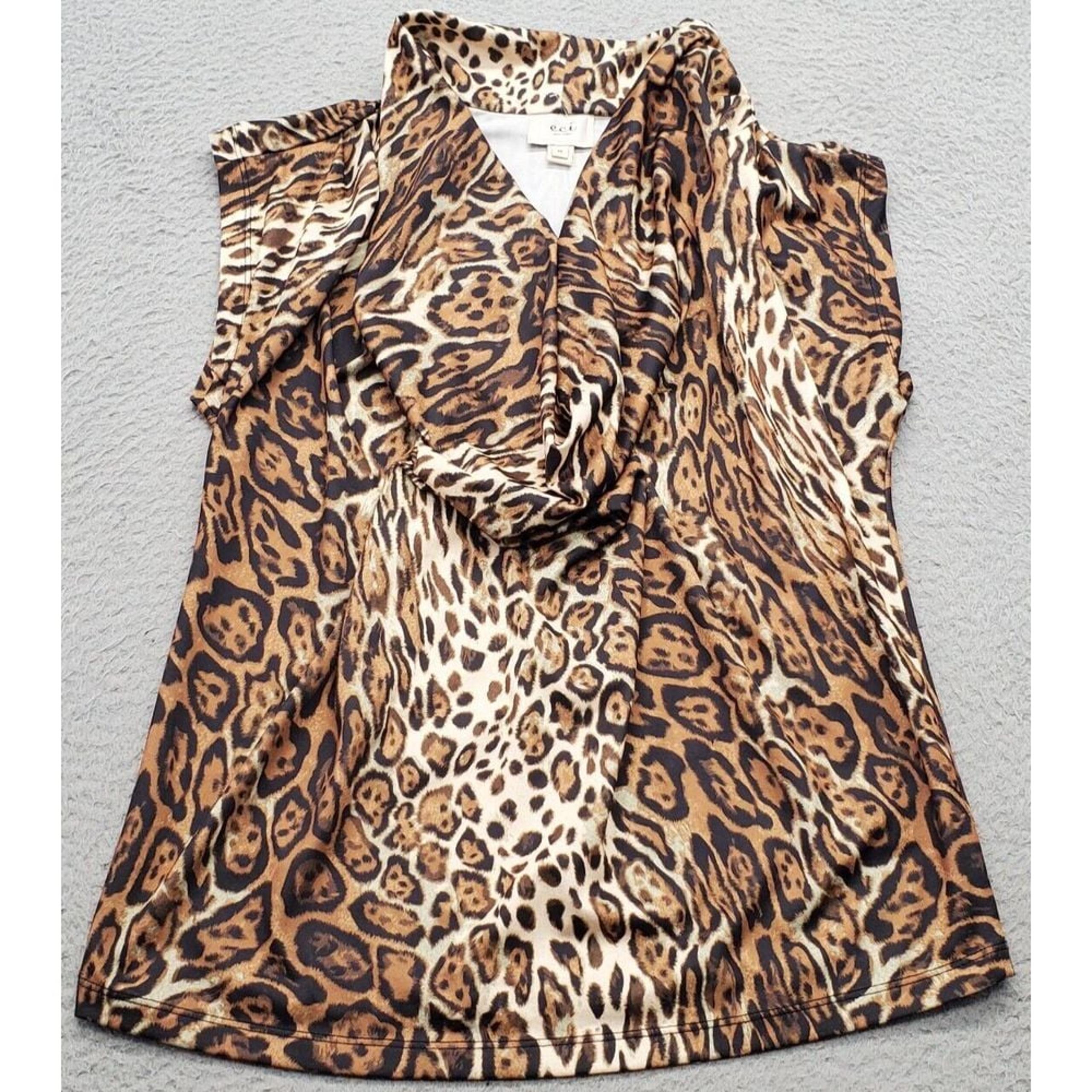 ECI Blouse Top Womens Medium Multi Leopard Print Cowl Neck Sleeveless Pullover