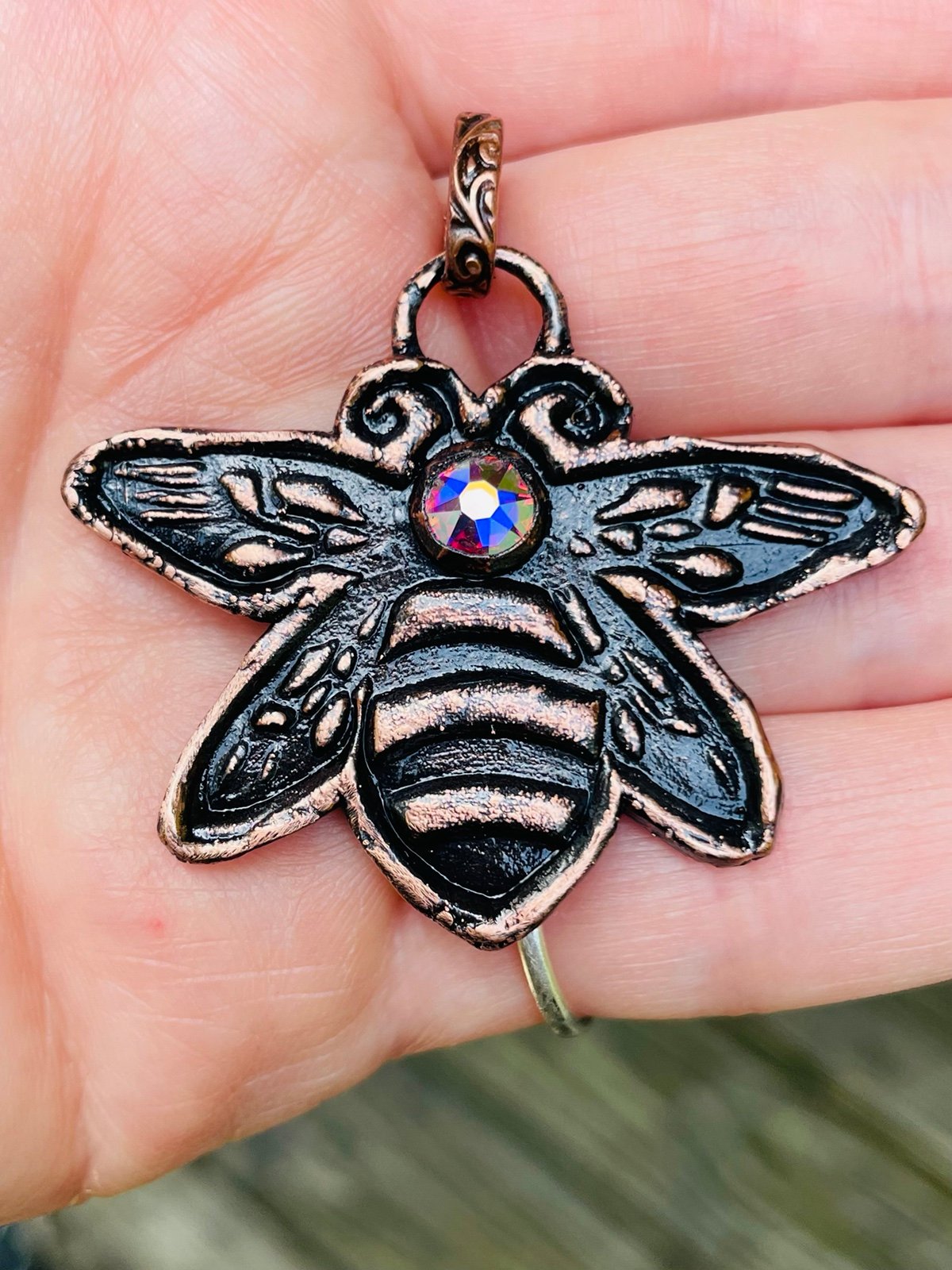 Bee Pendant with Swarovski Crystal ab COPPER BEE PENDANT SAVE THE BEES JEWELRY