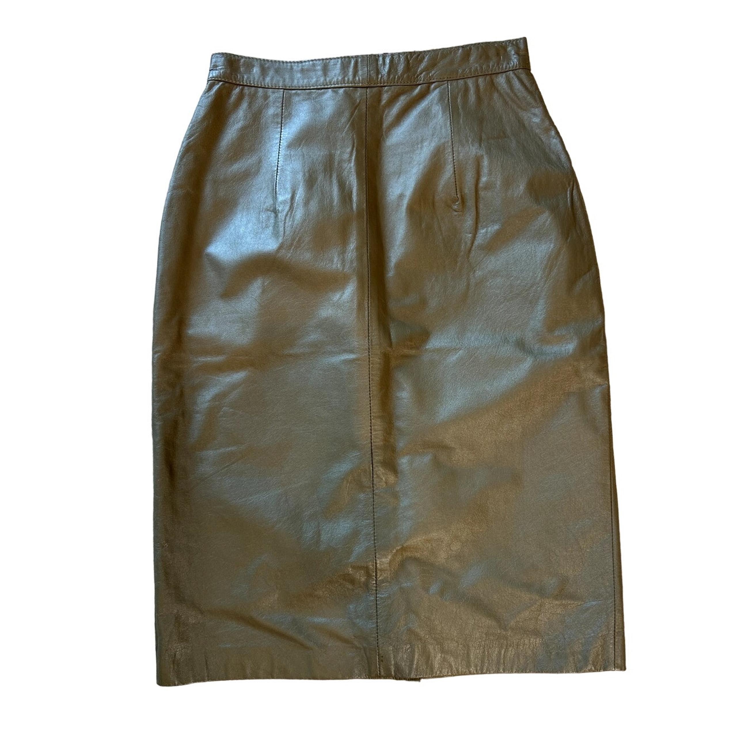 VTG BRASS PLUM Taupe Leather Pencil A-Line Skirt Size 5 Whimsygoth Classic 80s