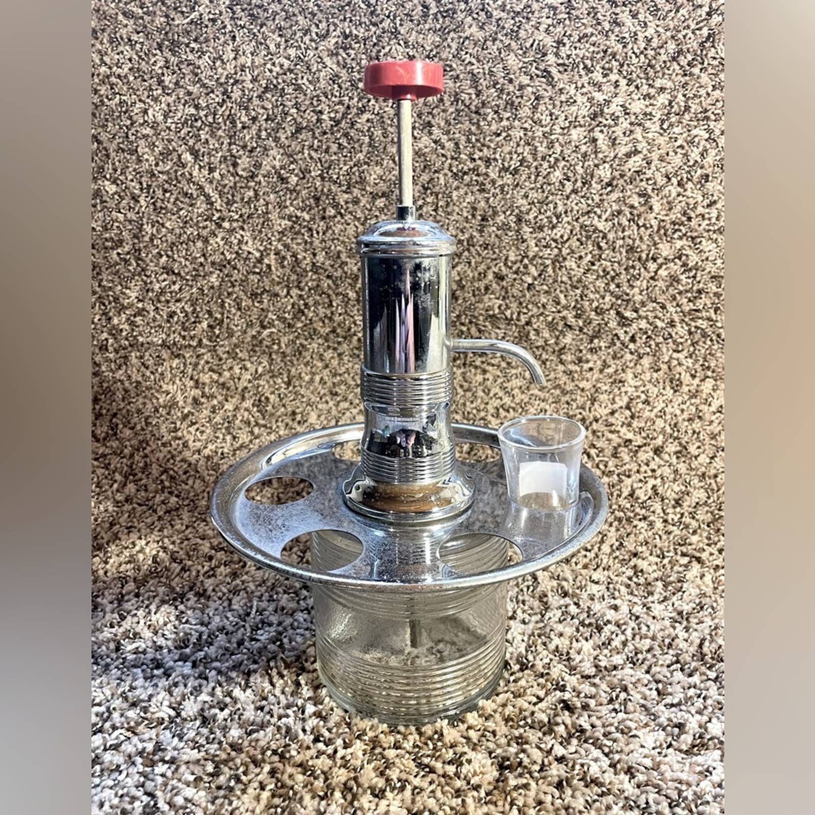 Vintage MCM Barware Liquor Alcohol Dispenser Pump Decanter Chrome Tray