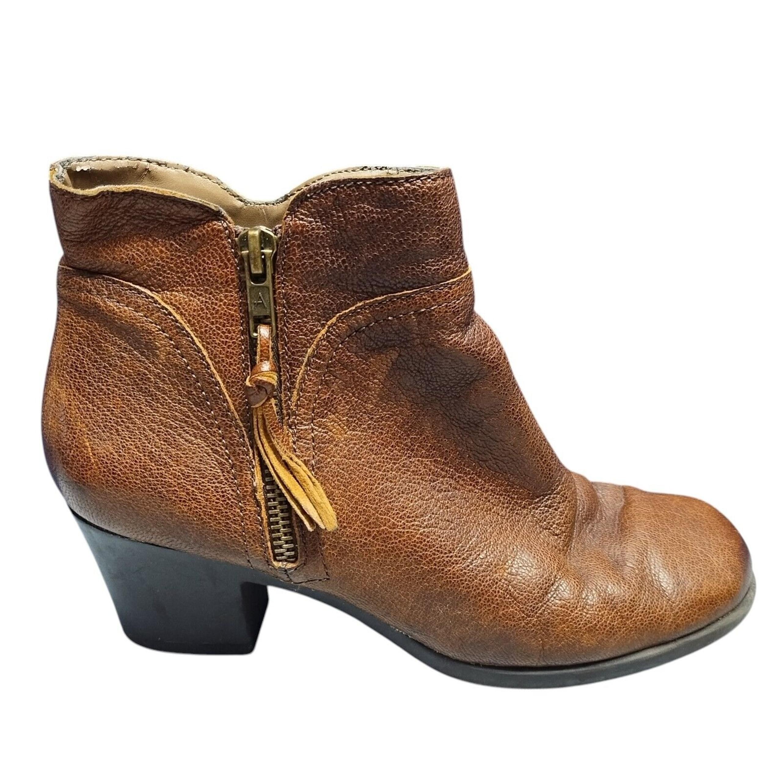 Acrobatic Ankle Boots Womens Sz 7M Brown Leather Round Toe Block Heels Side Zip