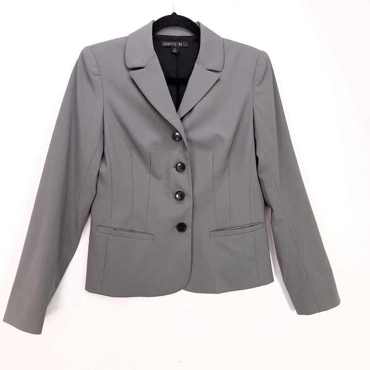 Lafayette 148 Blazer Jacket Womens 4 Gray Virgin Wool Pockets Office Career