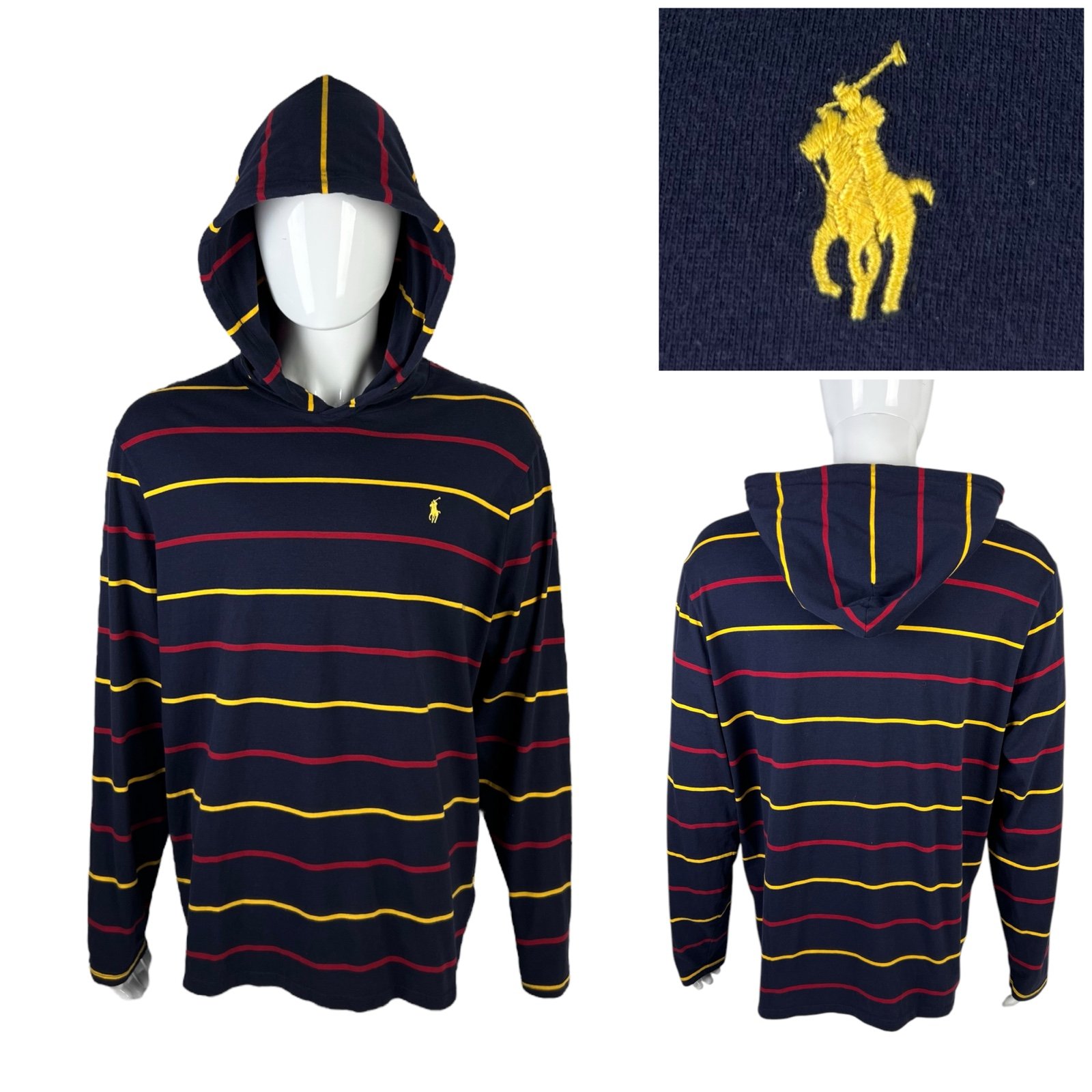 Polo Ralph Lauren Mens XL Hoodie Striped Blue 100% Cotton Thin Material