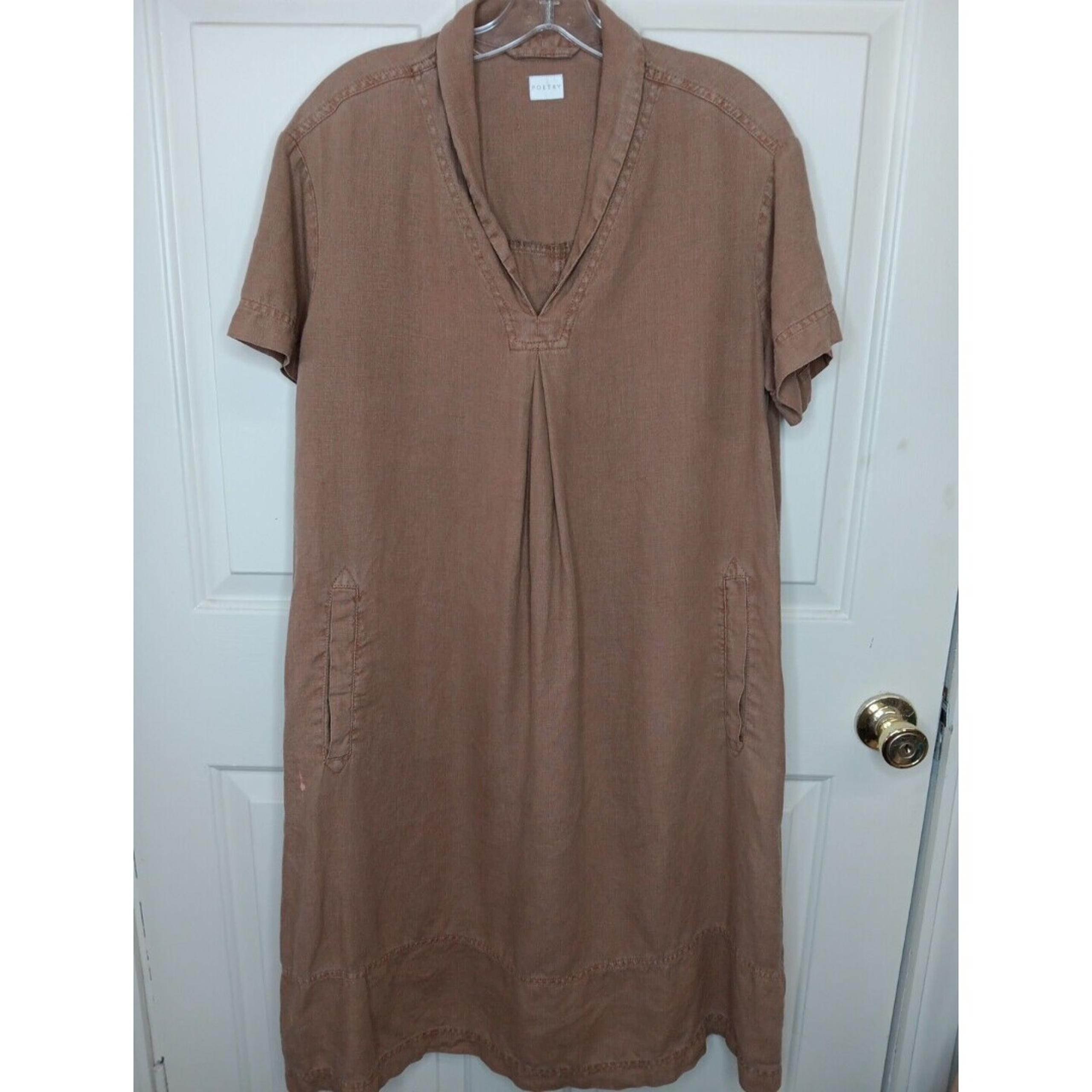 Poetry Dress Size 8 Brown 100% Linen Pockets Shawl Collar Midi *SMAĹL FLAW PIC**