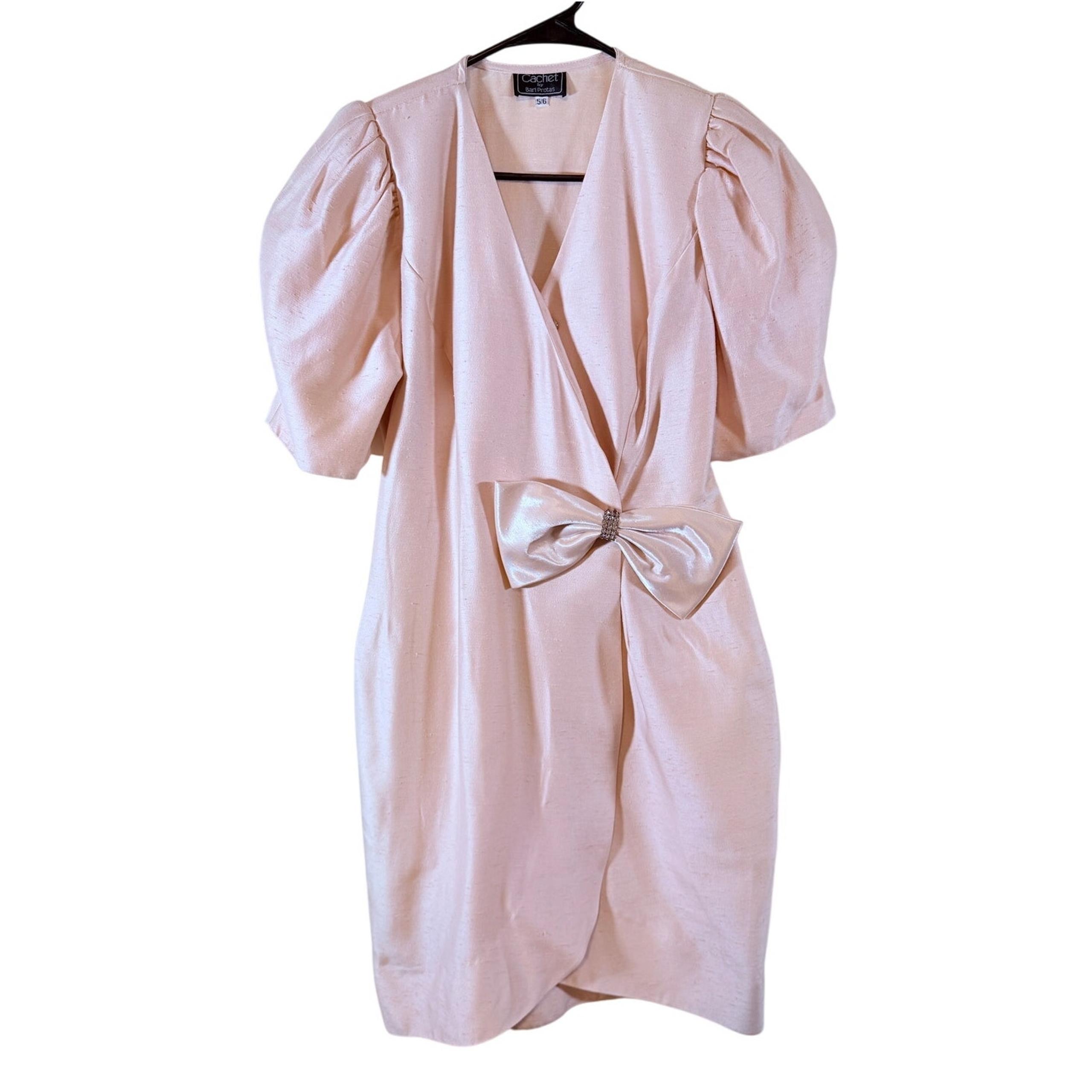 80's Vintage Pink Party Dress Cachet by Bari Protas Tulip Hem Big Pink Bow 5/6