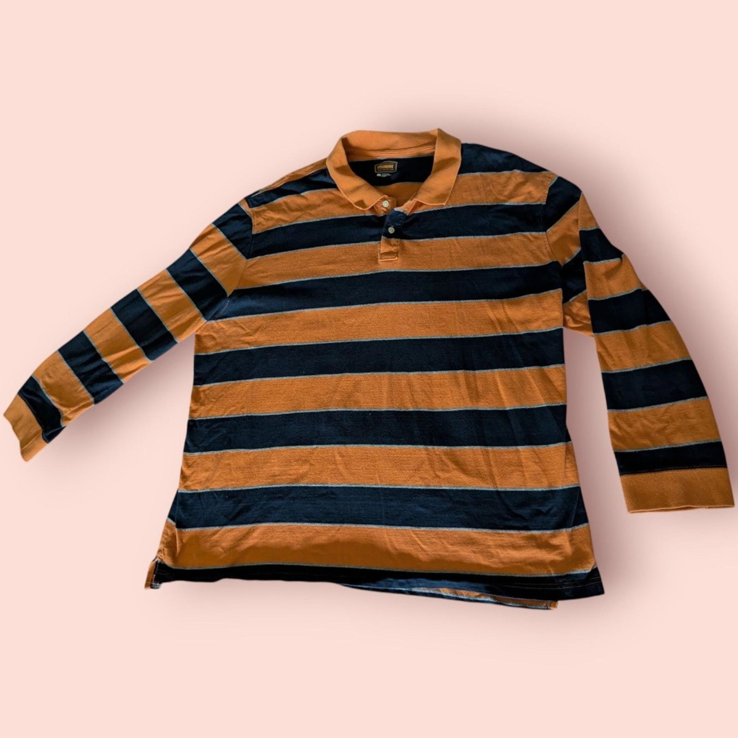 Foundry Supply Co Shirt Long Sleeve Polo Blue Orange Gray Stripe Cotton Mens 4XL