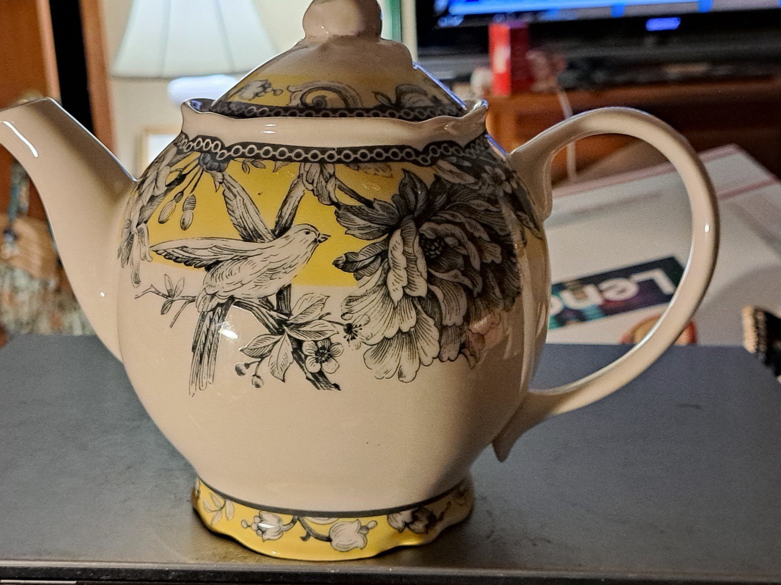 Tea Pot 222 5th yellow, black, white Adelaide fine china bird 8" tall 10" wide