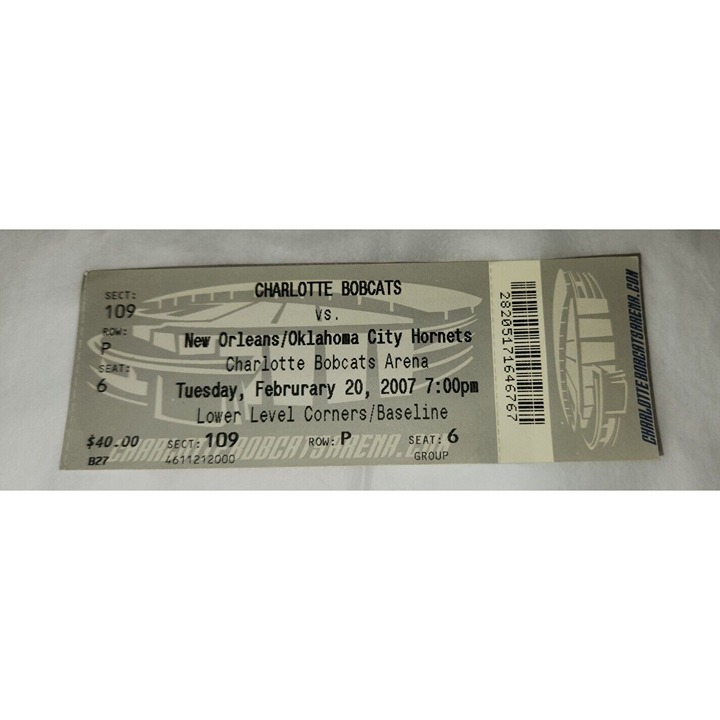 2007 CHARLOTTE BOBCATS new orleans/oklahoma city game stub 2/20/2007 109/P/6