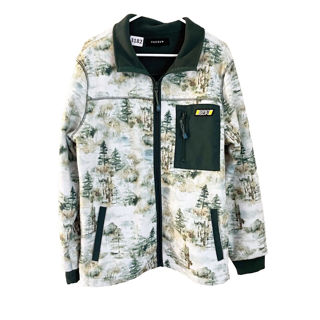 Pacsun Mens Green White Full Zip Jacket Medium Scenic Polar Fleece Forest Trees