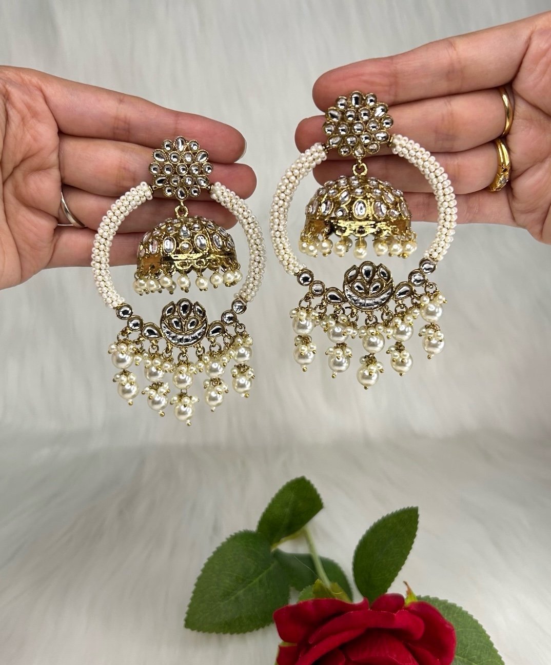 Premium Gold With White Pearls Pachi Kundan 2 In 1 Jhumka Earrings
