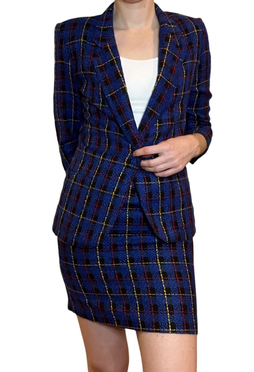 Vintage 90s plaid boucle mini skirt suit set