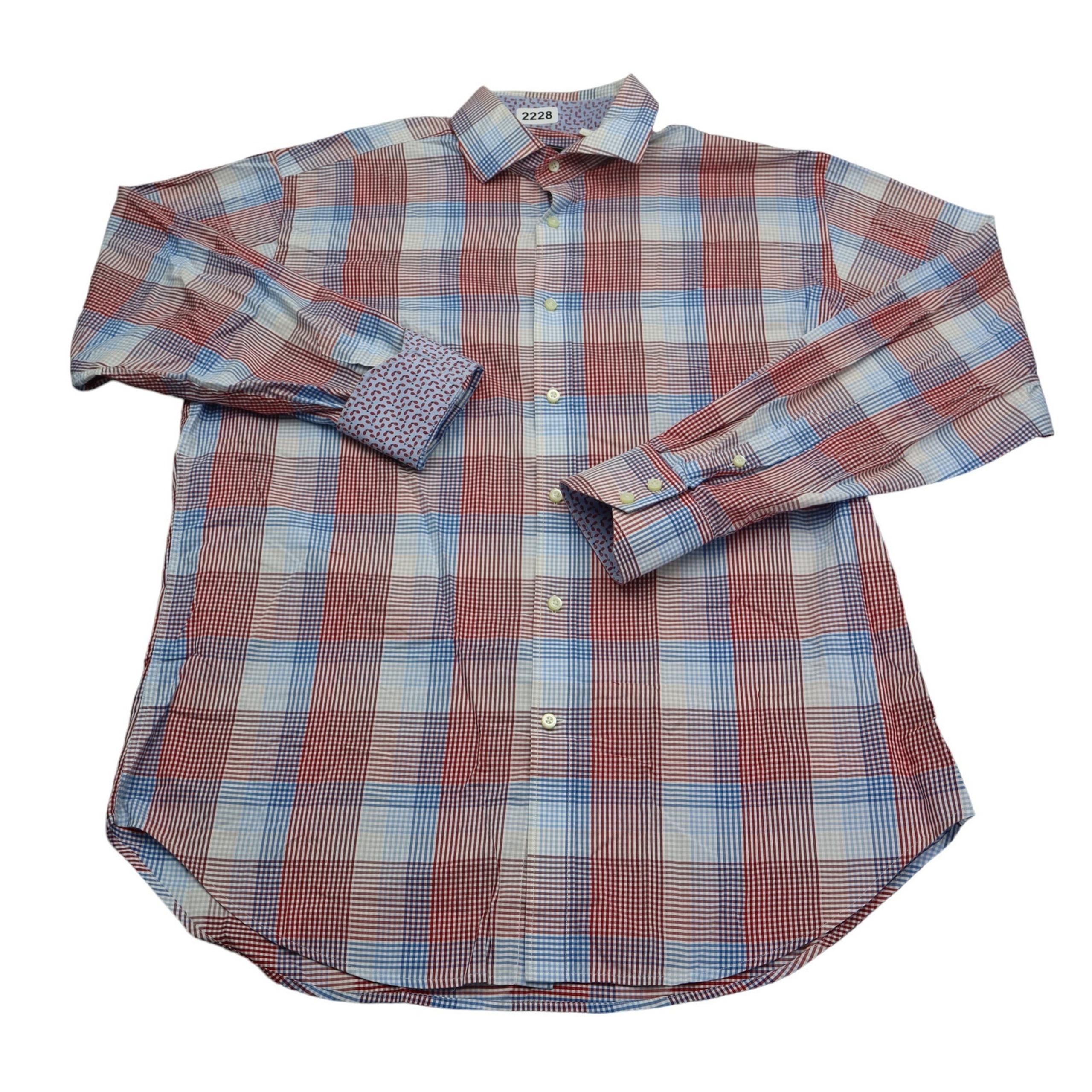 Neiman Marcus Shirt Mens Large Blue Red Plaid Flip Cuff Casual Button Up Long