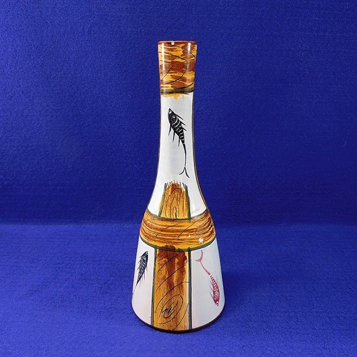 Vintage Fish Fossil Blue Vase Italy Signed Mid Century Modern 9.5