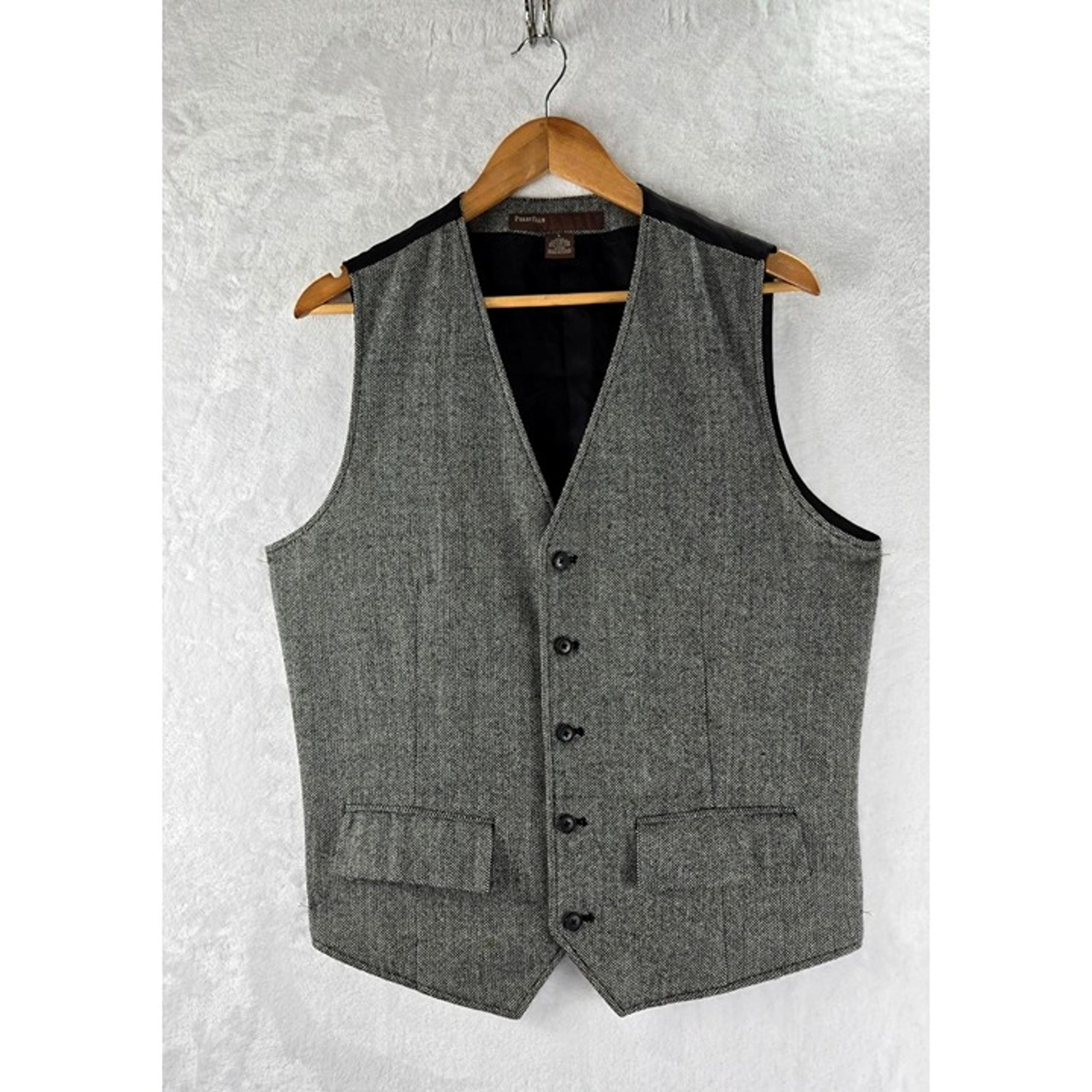 Perry Ellis Mens Vest Gray Herringbone Tweed Sz L Waistcoat Wool Cotton Blend