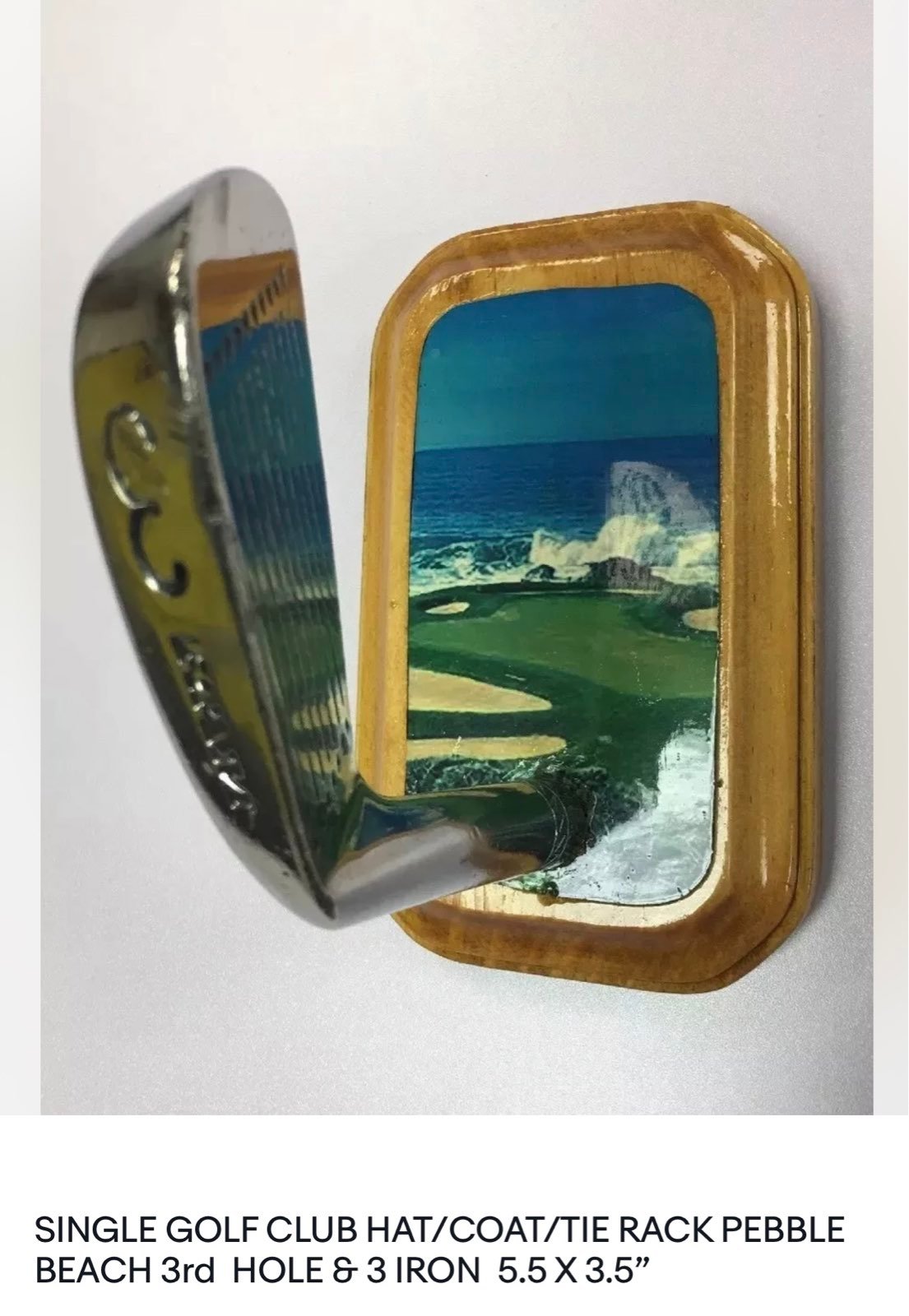 SINGLE GOLF CLUB HAT/COAT/TIE RACK PEBBLE BEACH 3rd HOLE & 3 IRON 5.5 X 3.5