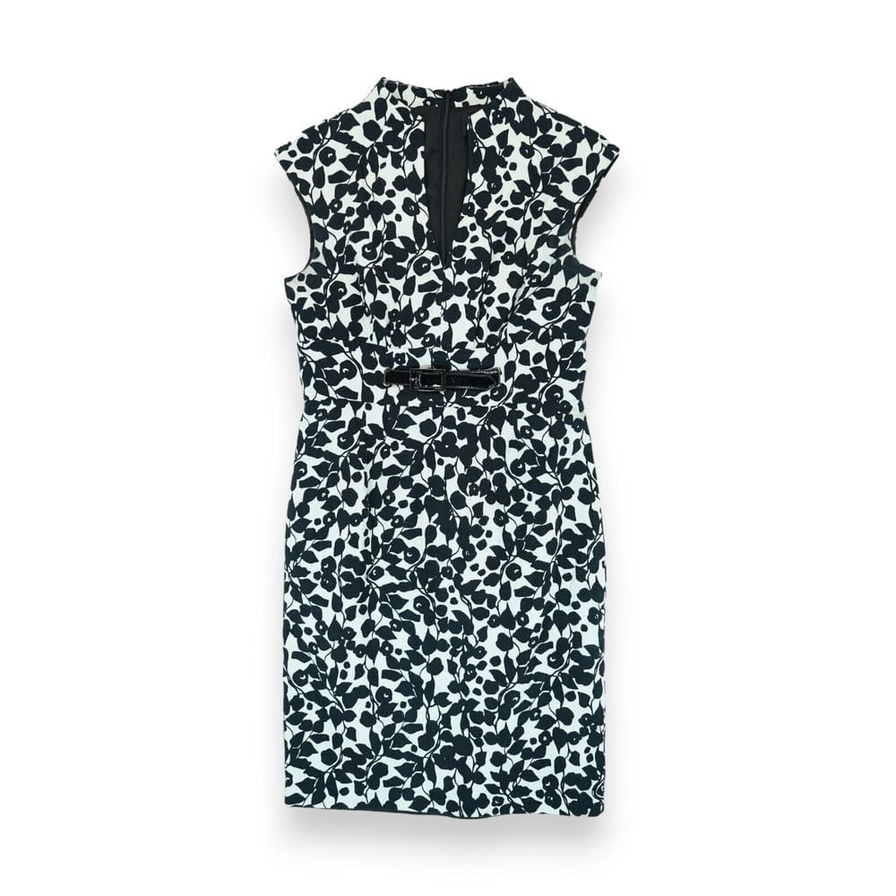Adrianna Papell Black & White Floral Split Neck Belted Sheath Dress Size 8