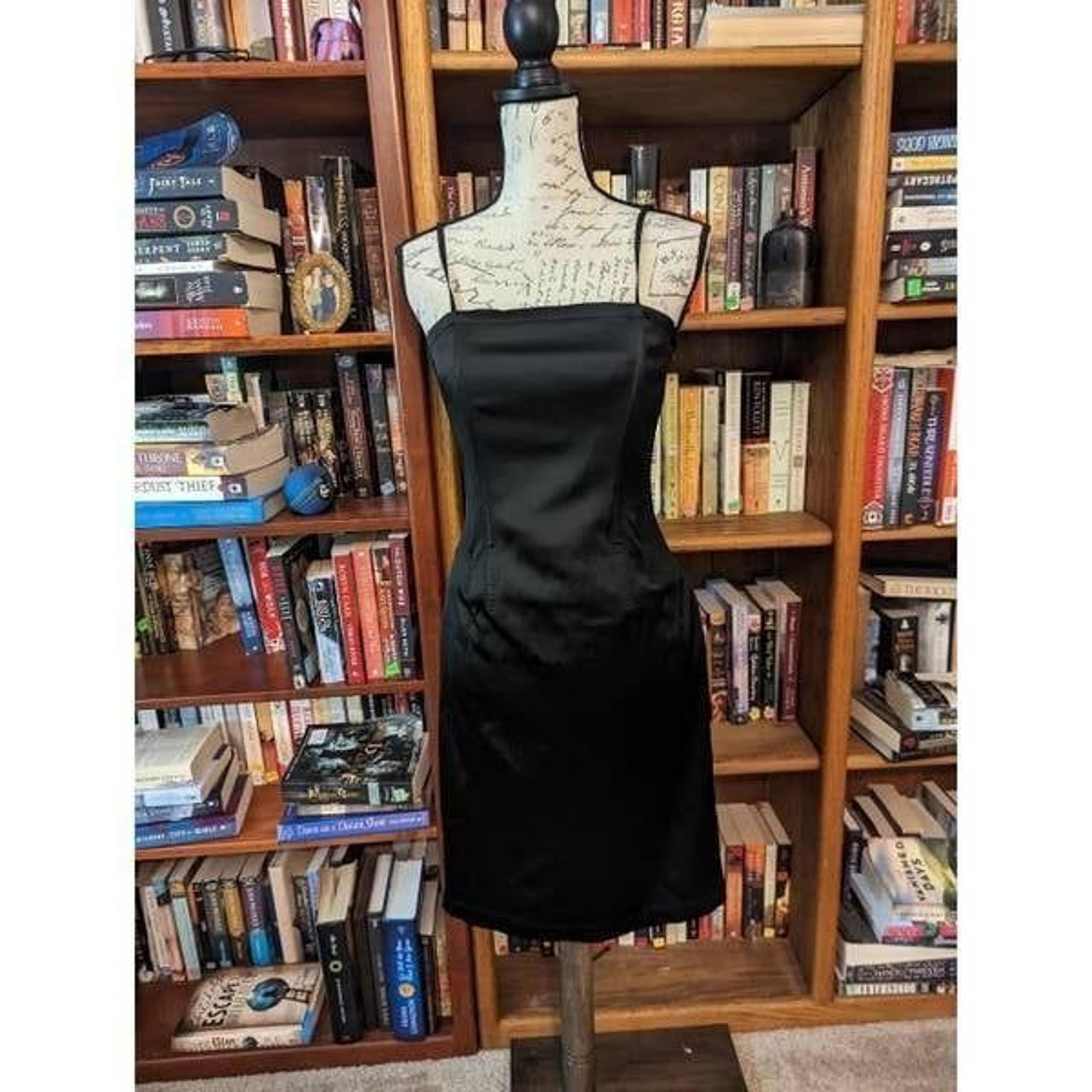 jeans ferre little black dress satin bodycon spaghetti strap pleated back euc sz