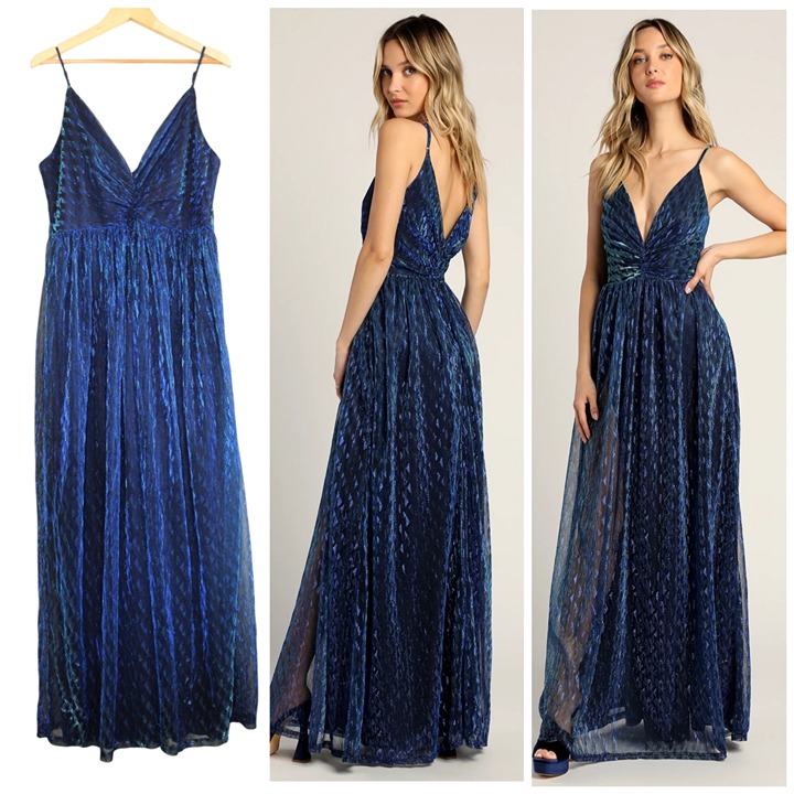 NWT Lulus Beaming with Glam Blue Lurex Maxi Dress size XL Sleeveless V neck