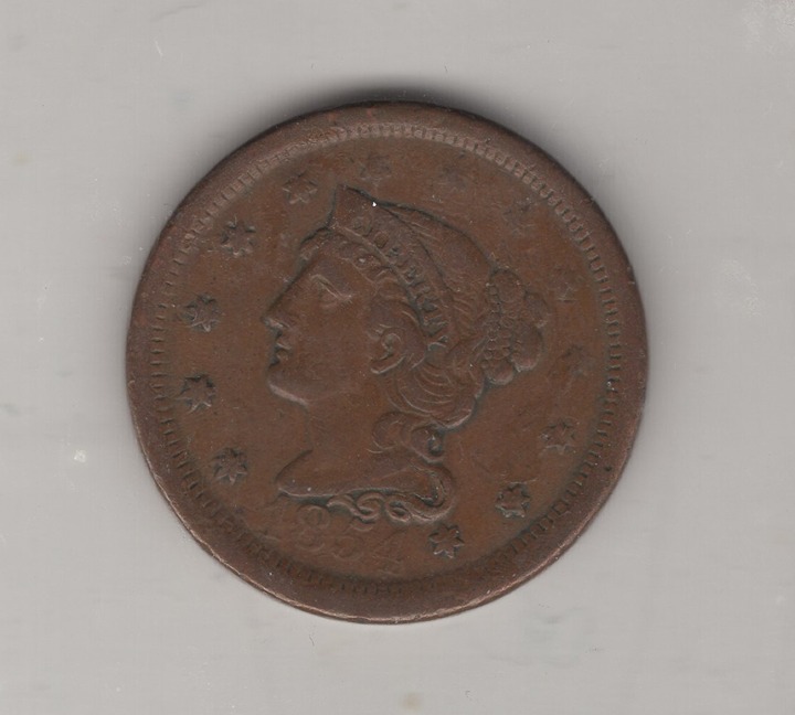 1854 BRAIDED HAIR LARGE CENT VERY FINE CHOCOLATE BROWN COIN POPULAR TYPE COIN
