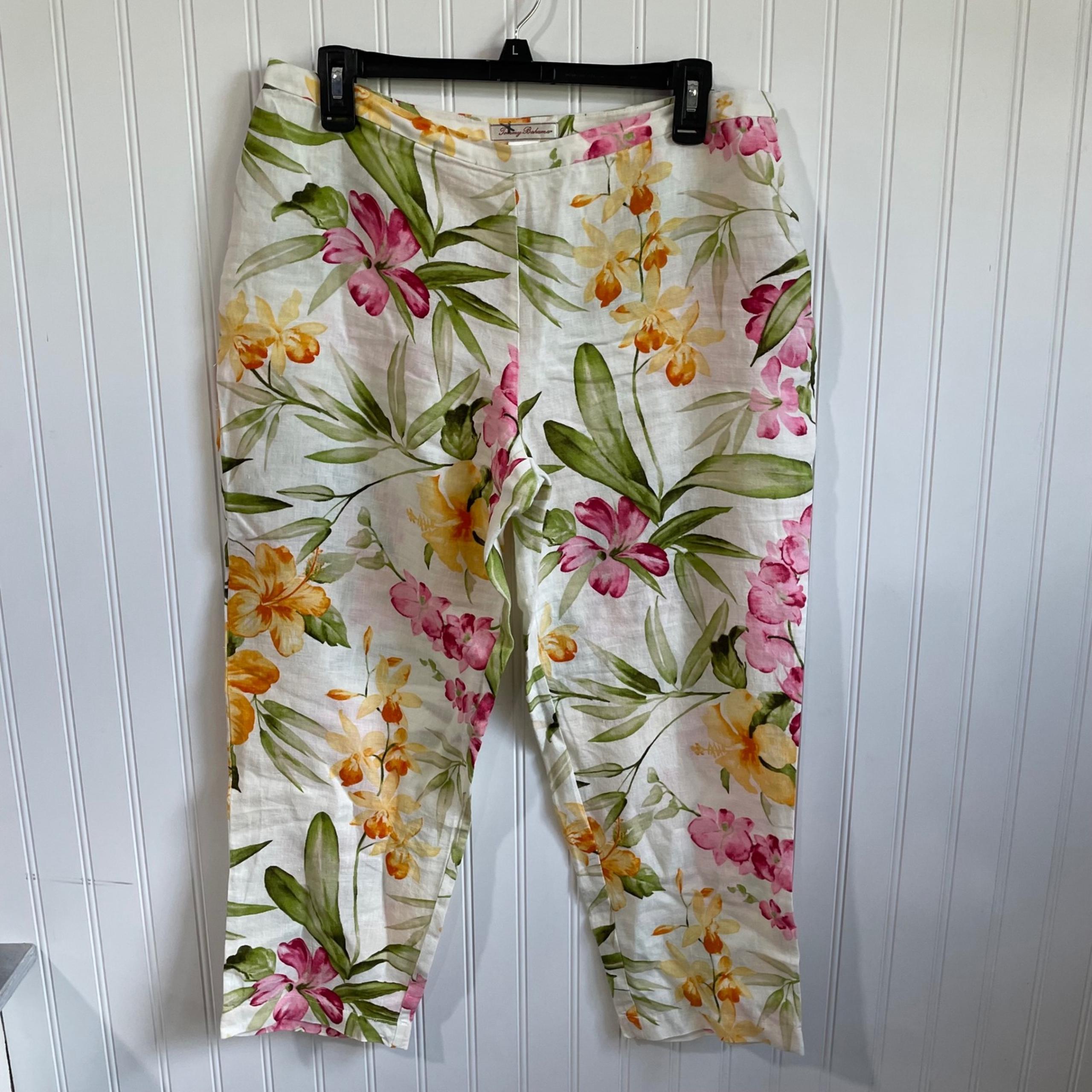 Tommy Bahama Floral Linen Pants Cropped Tropical Print Womens 10 Coastal Beachy