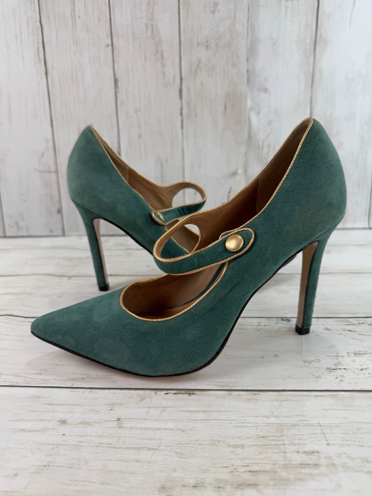 Y2K Pour La Victoire Vero Cuoio suede green & Gold Women’s High heels Size 7