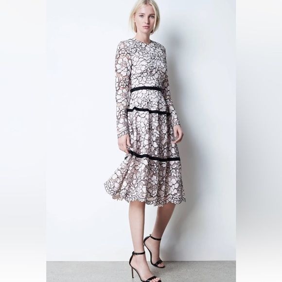 Lela Rose / light Pink Corded Lace long sleeve Midi Dress 8