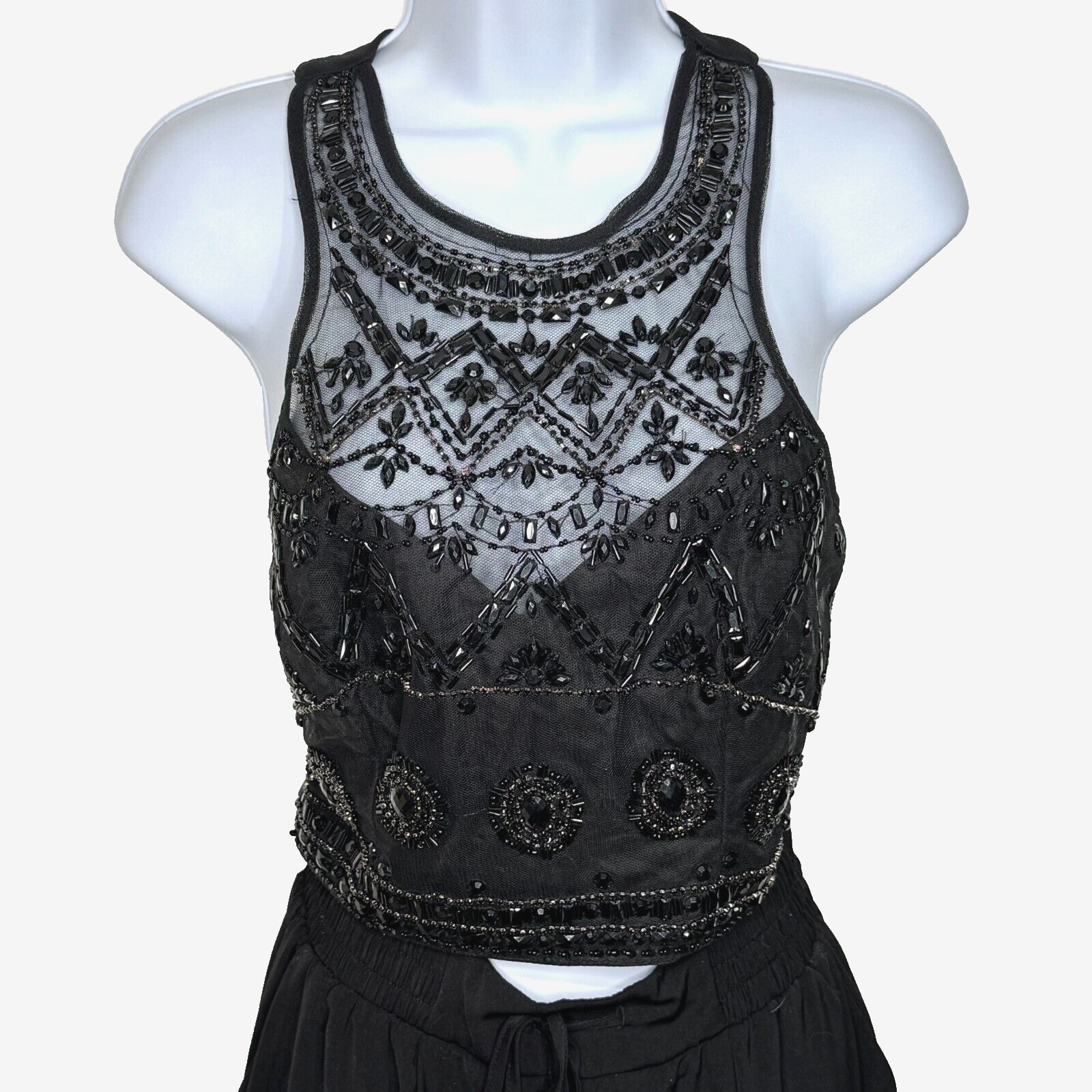 Vtg Y2K B. Smart Top Womens 7 Black Beaded Halter Lace Cropped Sleeveless Open