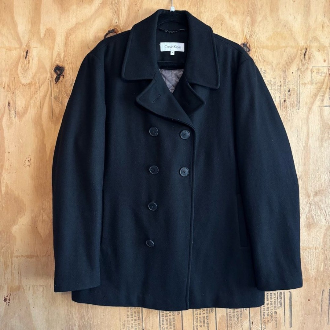 CALVIN KLEIN Black Double Breasted Button-Up Wool Blend Pea Coat Sz M