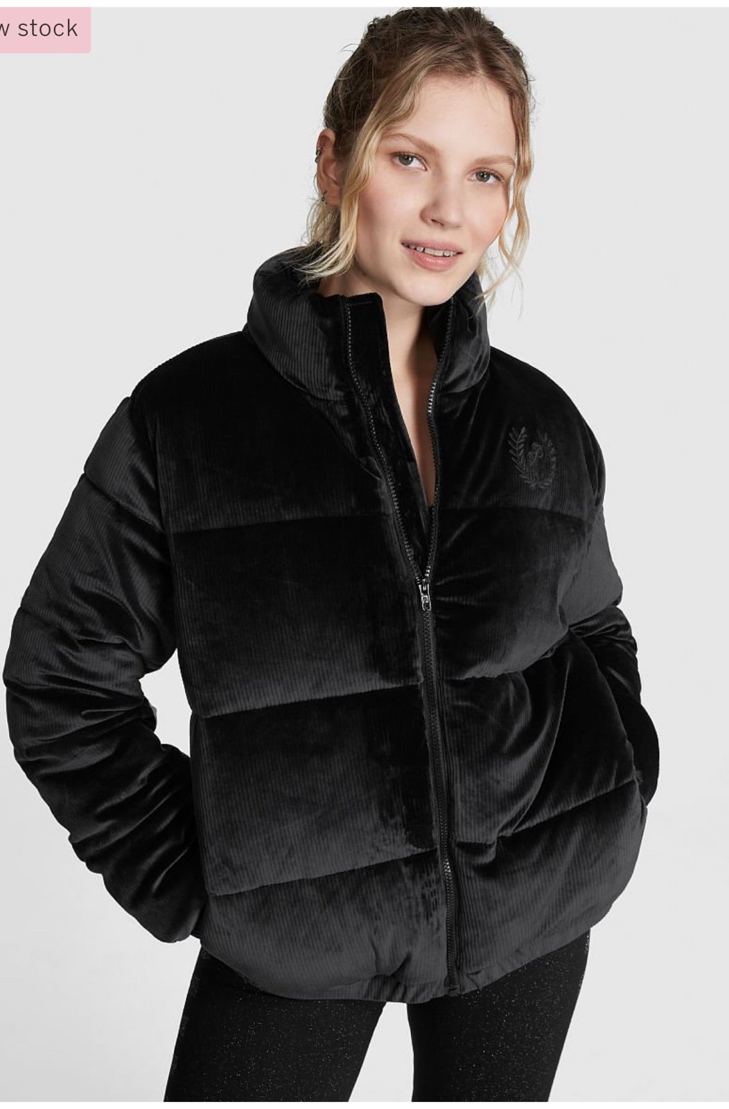 PINK RIB VELOUR CROP PUFFER JACKET