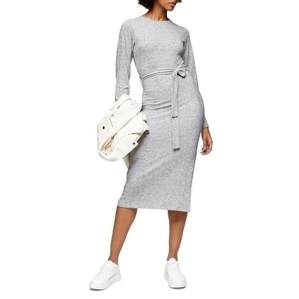 Topshop Long Sleeve Knit Midi Dress In Grey, US 4