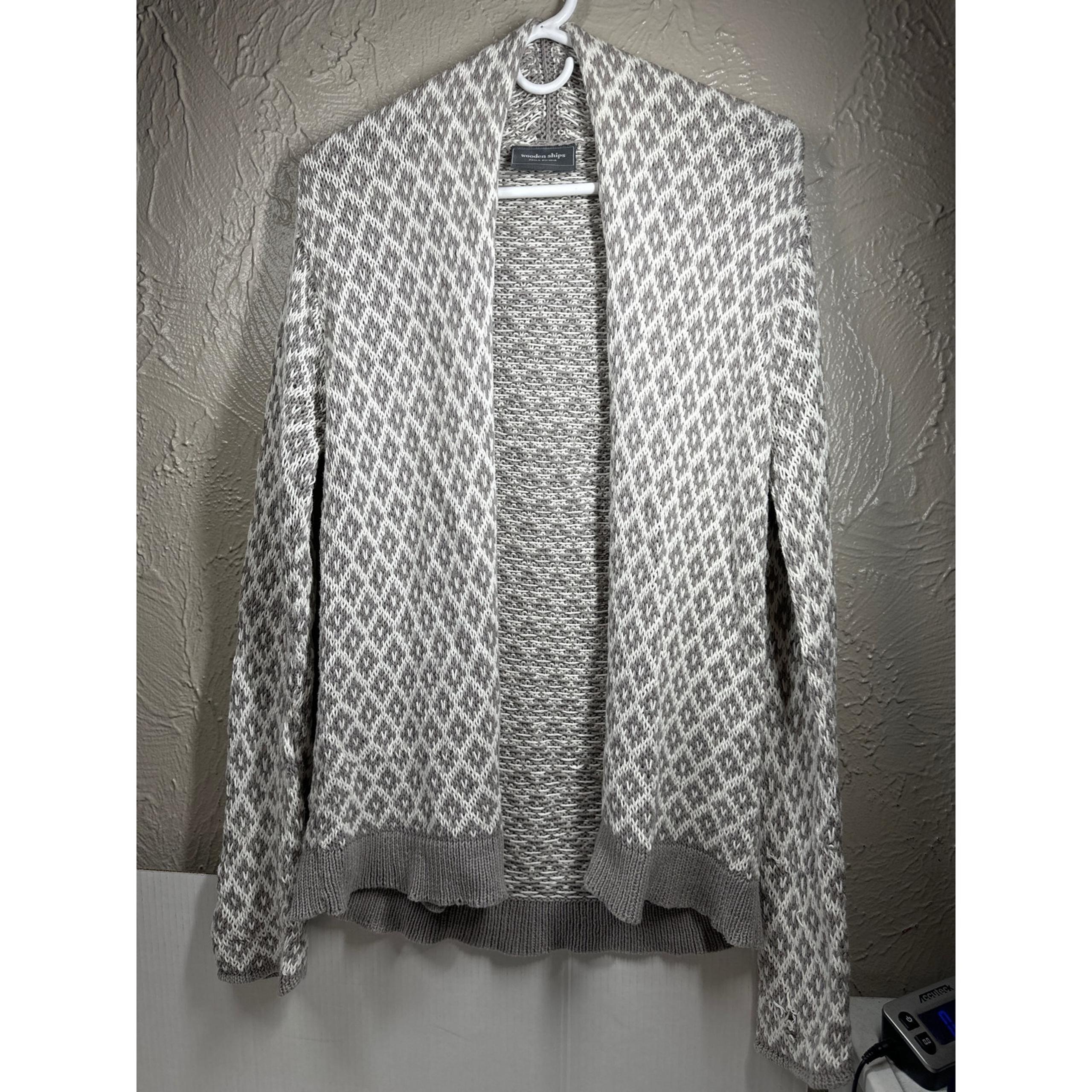 Wooden Ships Gray & White Geometric Open Front Cardigan Sweater Size S/M