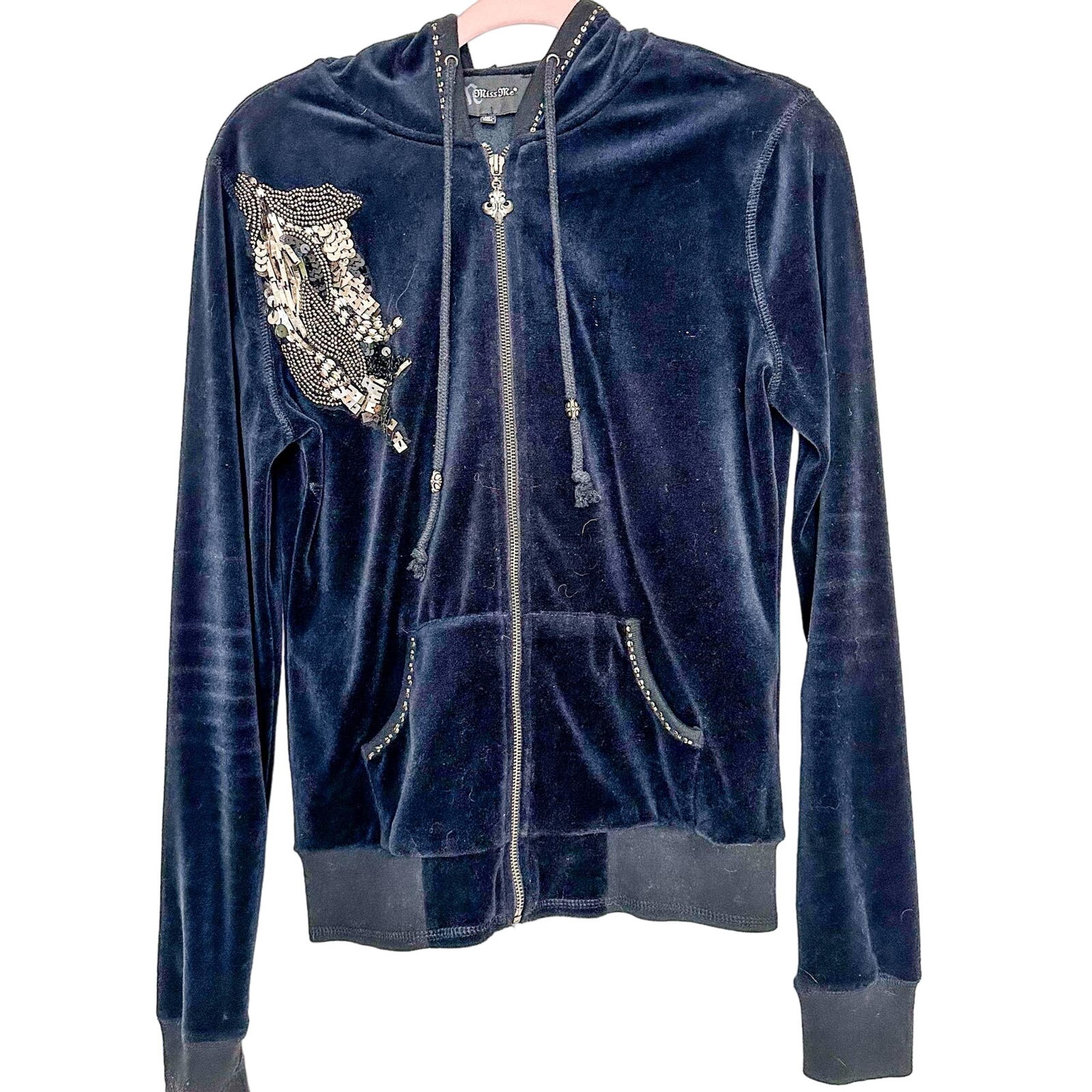 Miss Me Velvet Hoodie Angel Wing Embellished Black Silver
