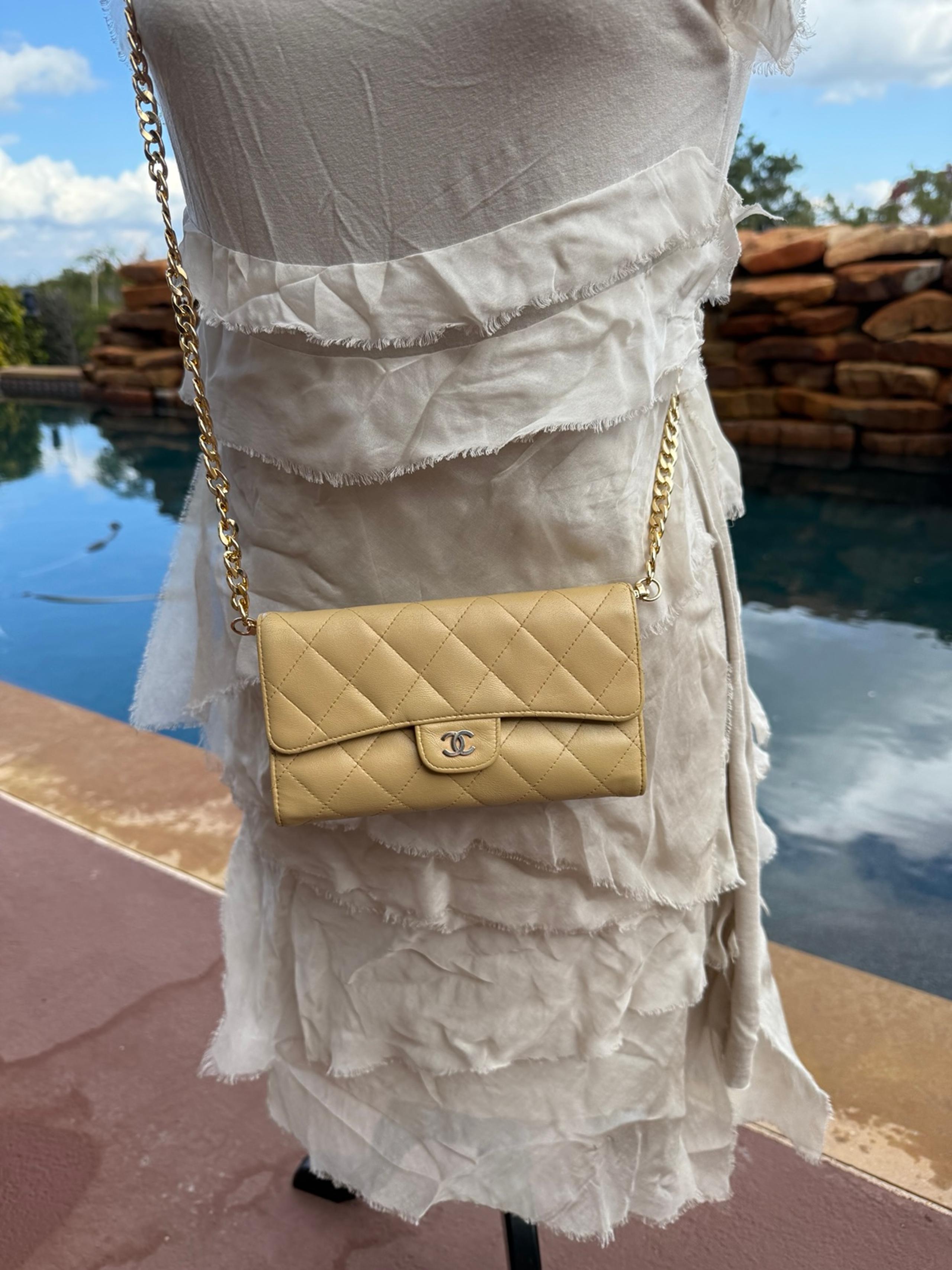 Authentic Chanel wallet WOC crossbody bag on chain beige tan quilted leather