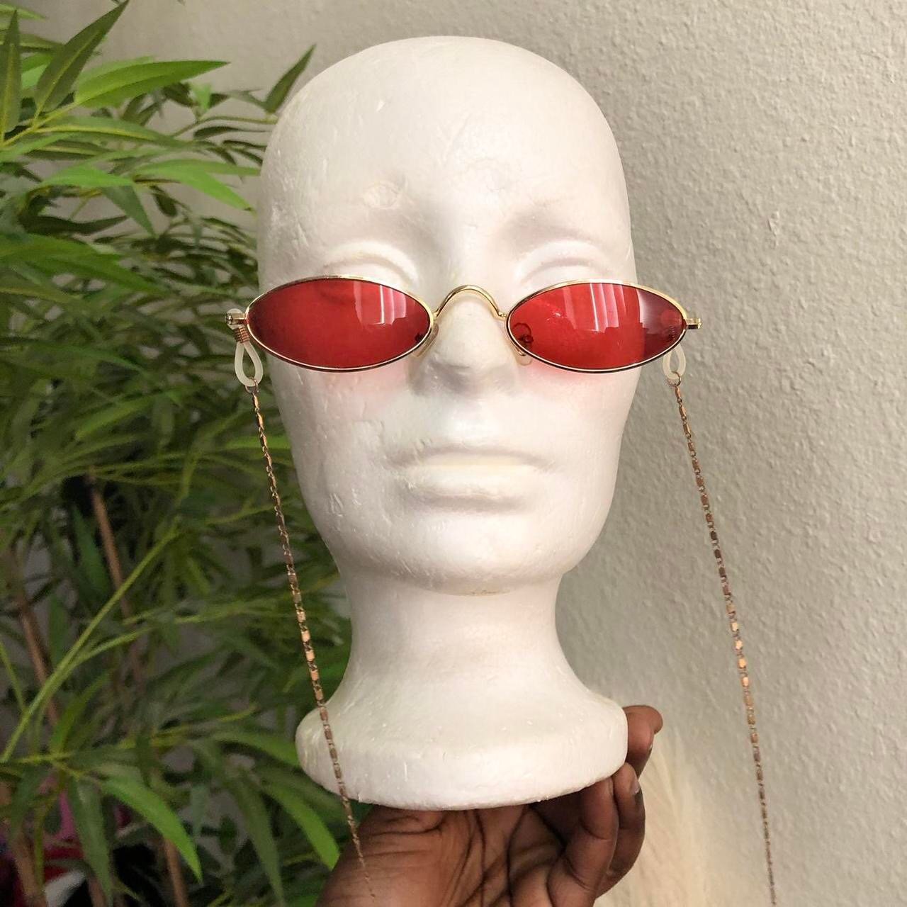 RARE 90s Vintage Retro Red Gold oval round sunglasses with chain-Unisex #hippie